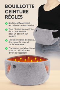 Bouillotte ceinture regles en velours gris avec elements chauffants, montree portee et en detail avec indication de chaleur