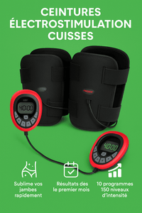 Ceinture electrostimulation cuisse avec telecommande digitale et deux electrodes pour muscler les quadriceps, sur fond vert