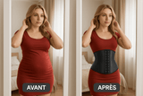 Gaine en Latex montrée avant et après port, redessinant la silhouette en affinant la taille et améliorant la posture.