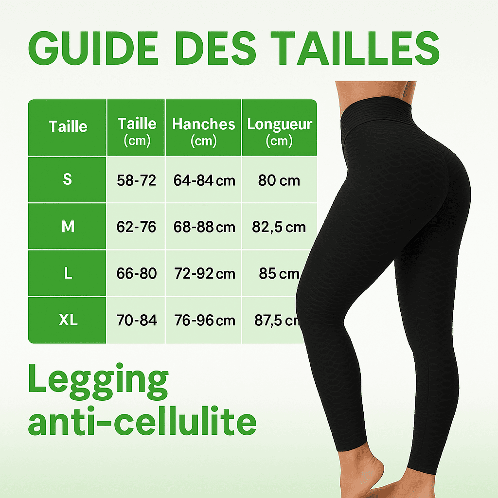Guide des tailles pour Legging Anti Cellulite Rouge, avec mesures de taille, hanches et longueur pour chaque taille.