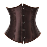 Corset Serre Taille Efficace en satin marron avec armatures, conçu pour sculpter la silhouette et affiner la taille.