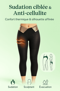Legging de Sudation Anti Cellulite noir avec ceinture dorée, ciblant sudation et confort thermique pour silhouette affinée.