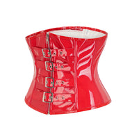 Corset en Latex rouge brillant avec sangles et boucles, conçu pour affiner la silhouette et offrir confort et maintien.