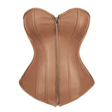 Corset Latex Bustier marron en cuir synthétique avec fermeture éclair, design élégant et silhouette sculptée.