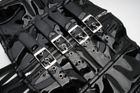 Corset en Latex noir brillant avec boucles réglables et fermeture éclair pour une silhouette affinée et élégante.