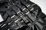 Corset en Latex noir brillant avec boucles réglables et fermeture éclair pour une silhouette affinée et élégante.