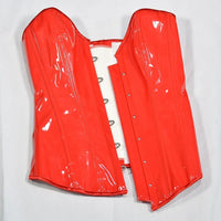 Corset Long Latex rouge brillant en latex avec fermeture avant, sculptant la taille pour une silhouette élégante.