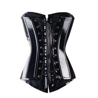 Corset Long Latex noir brillant avec laçage avant sculptant la taille pour une silhouette élégante et féminine.