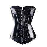 Corset Long Latex noir brillant avec laçage avant sculptant la taille pour une silhouette élégante et féminine.
