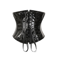Corset en Latex noir brillant avec laçage au dos, pour affiner la silhouette avec style et confort optimal.