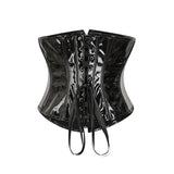 Corset en Latex noir brillant avec laçage au dos, pour affiner la silhouette avec style et confort optimal.