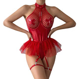 Latex Lingerie Sexy rouge en cuir synthétique avec résille et jupe tutu pour un look audacieux et séduisant.