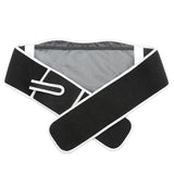 Ceinture lombaire chauffante noire avec design ergonomique et bandes blanches contrastantes, vue de face