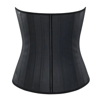 Corset Latex Amincissant noir avec 25 baleines en acier spiralé pour une silhouette affinée et un maintien optimal.