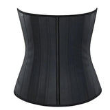 Corset Latex Amincissant noir avec 25 baleines en acier spiralé pour une silhouette affinée et un maintien optimal.