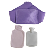 Bouillotte Tour de Taille violette avec housse en flanelle, presentee avec deux bouillottes classiques rose et blanche