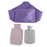 Bouillotte Tour de Taille violette avec housse en flanelle, presentee avec deux bouillottes classiques rose et blanche