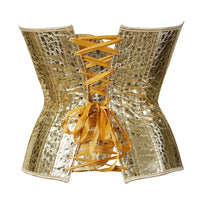 Bustier Argent en cuir synthetique dore avec lacets jaunes, vue de dos montrant le detail du laçage et la texture metallisee