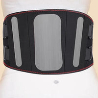Ceinture chauffante massante dos noire avec bandes reflechissantes, ajustable avec bordures rouges pour soulagement lombaire