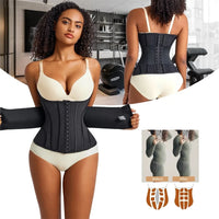 Ceinture Abdominale Ventre Plat noire, portee avec sous-vetements beiges, montrant l'effet amincissant et le maintien optimal du corset