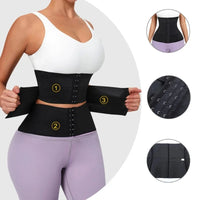 Ceinture Abdominale Minceur noire a trois segments avec crochets, portee avec haut blanc et legging violet, effet amincissant