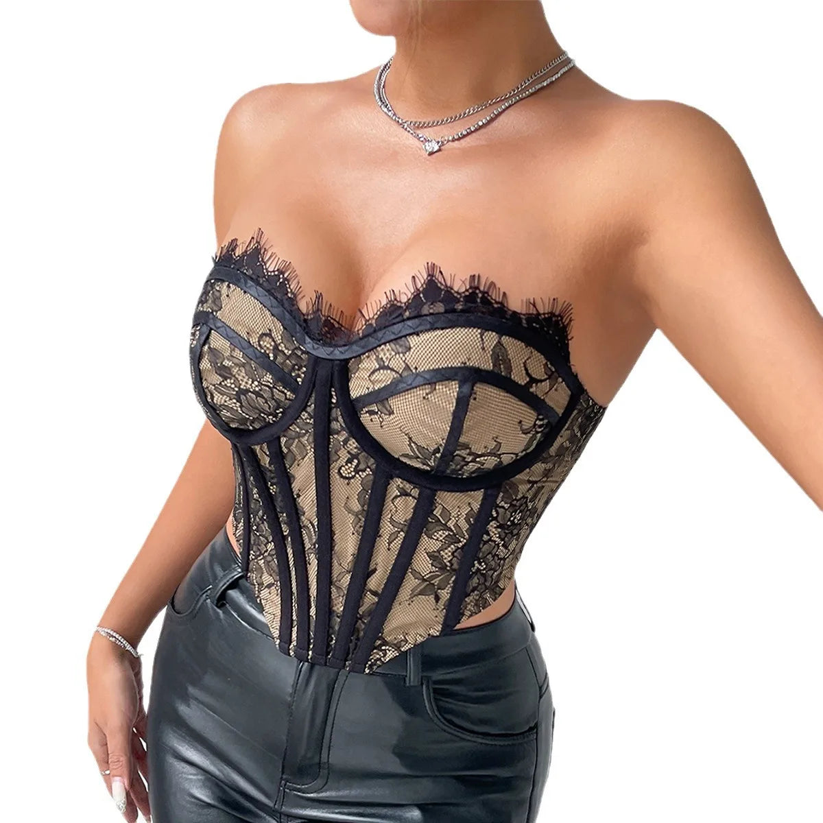 Bustier Dos Nu elegant en dentelle noire et beige avec details corset, style lingerie de luxe