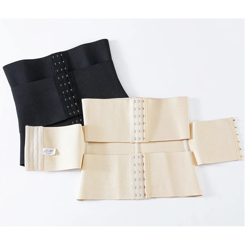 Ceinture Abdominale Minceur noire et beige avec crochets ajustables, presentee a plat sur fond blanc