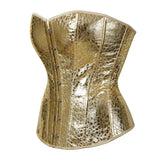 Bustier Argent style corset en cuir synthetique dore metallique avec detail de boutons lateraux et coupe ajustee
