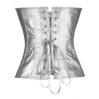 Bustier Argent elegant en cuir synthetique avec lacets blancs et finition metallique argent brillant vue de face