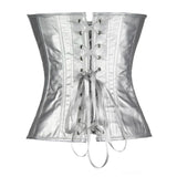 Bustier Argent elegant en cuir synthetique avec lacets blancs et finition metallique argent brillant vue de face