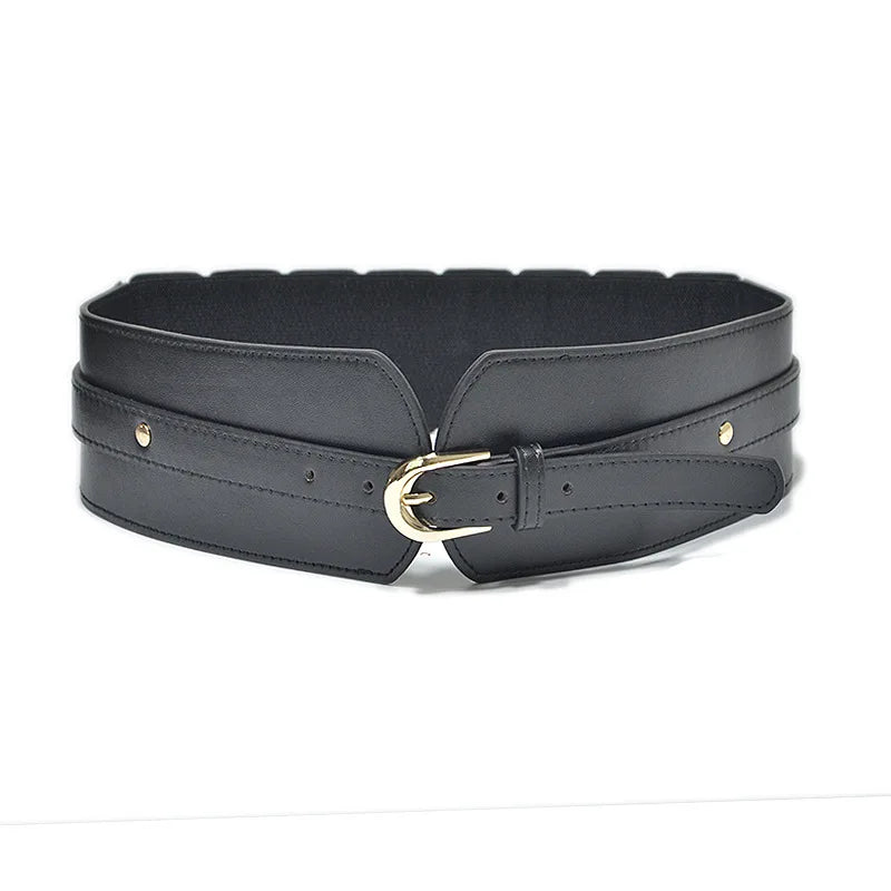 Ceinture corset large en cuir noir avec boucle doree, style elegant et raffine pour femme