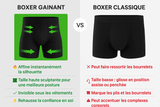 Boxer Gaine Sport Homme: comparaison visuelle entre boxer gainant et boxer classique avec fleches vertes indiquant les zones de maintien