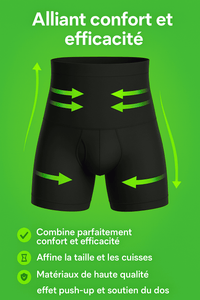 Boxer Gaine Sport Homme noir avec fleches vertes montrant zones de compression sur fond vert, design ergonomique haute performance