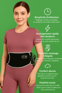 Ceinture lombaire chauffante avec fonction massage integree, demonstration sur fond vert avec texte explicatif des caracteristiques