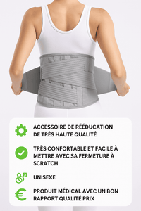 Ceinture de contention professionnelle grise montree sur un modele portant un debardeur blanc, vue de dos