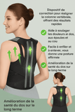 Attelle de Posture Dos portee par un modele montrant les benefices pour le dos avec fleches vertes indiquant le support et alignement