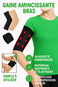 Gaine Amincissante Bras noire portée, conçue pour affiner et tonifier les bras avec technologie de compression avancée.