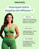 Femme sportive portant le Legging Anti Cellulite France vert, mettant en avant ventre plat et effet push-up.