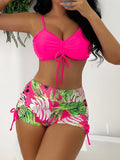 Maillot de Bain Gainant deux Pièces Taille Haute rose fluo fleuri