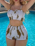 Maillot de Bain Gainant deux Pièces Taille Haute blanc et kaki