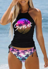 Tankini de Bain Gainant noir et rose avec motif palmier