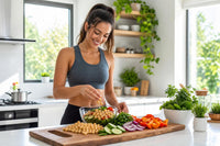 Jeune femme préparant une salade de pois chiches dans une cuisine lumineuse