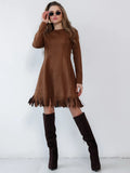 Robe marron en daim manches longues à franges 10