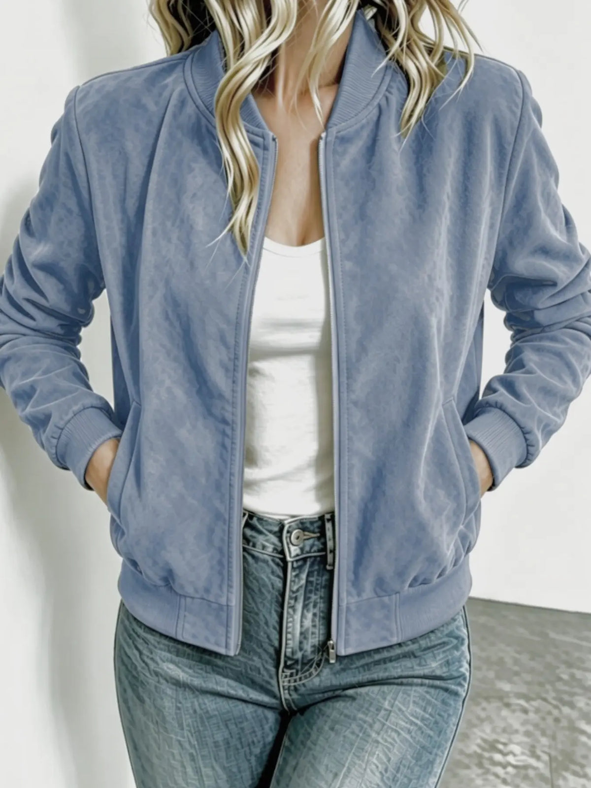 Veste baseball femme imitation suède col montant zip – Bleu Vif
