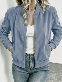 Veste baseball femme imitation suède col montant zip – Bleu Vif