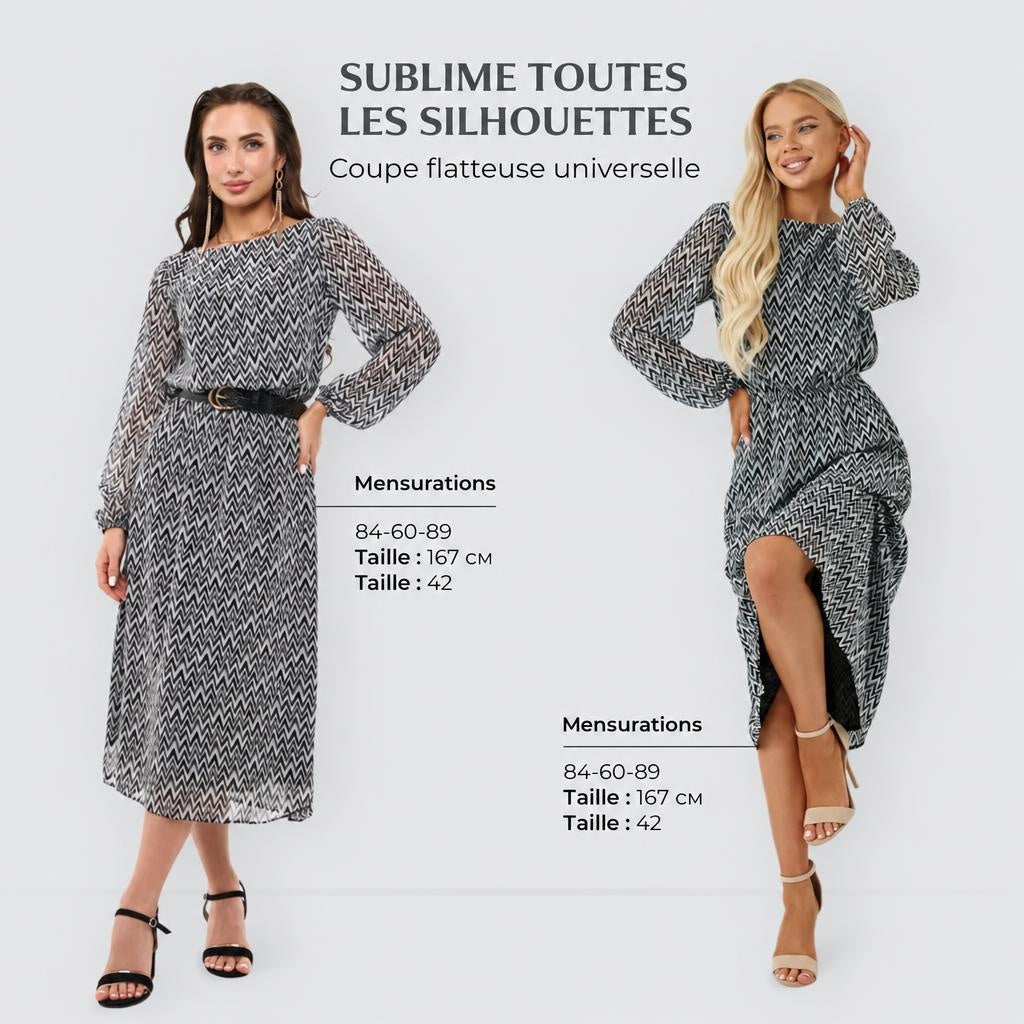 Robe Midi Mousseline Motif Chevron Manches Longues
