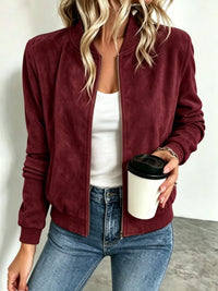 Veste baseball femme imitation suède col montant zip – Rouge Vin