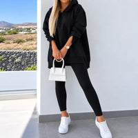 Ensemble lounge femme sweatshirt à capuche et legging côtelé – Noir