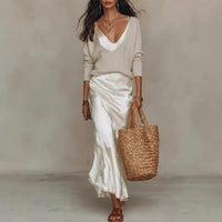 Ensemble Femme Pull Col V et Jupe Satin Fluide