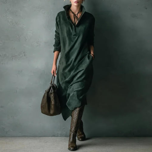 Robe Longue Col Boutonné Effet Daim